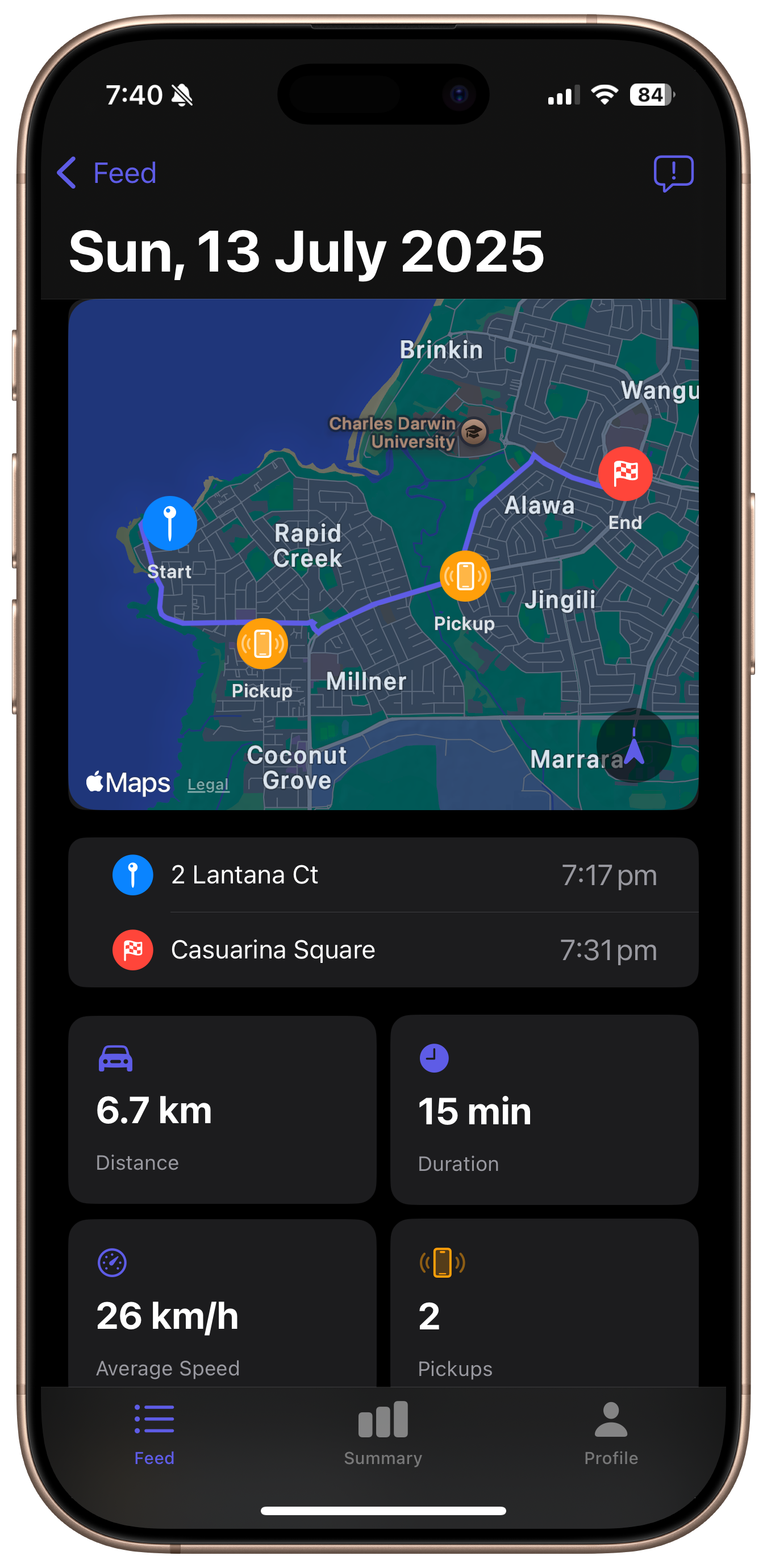 DriveZen trip tracking interface showing map with phone pickup markers