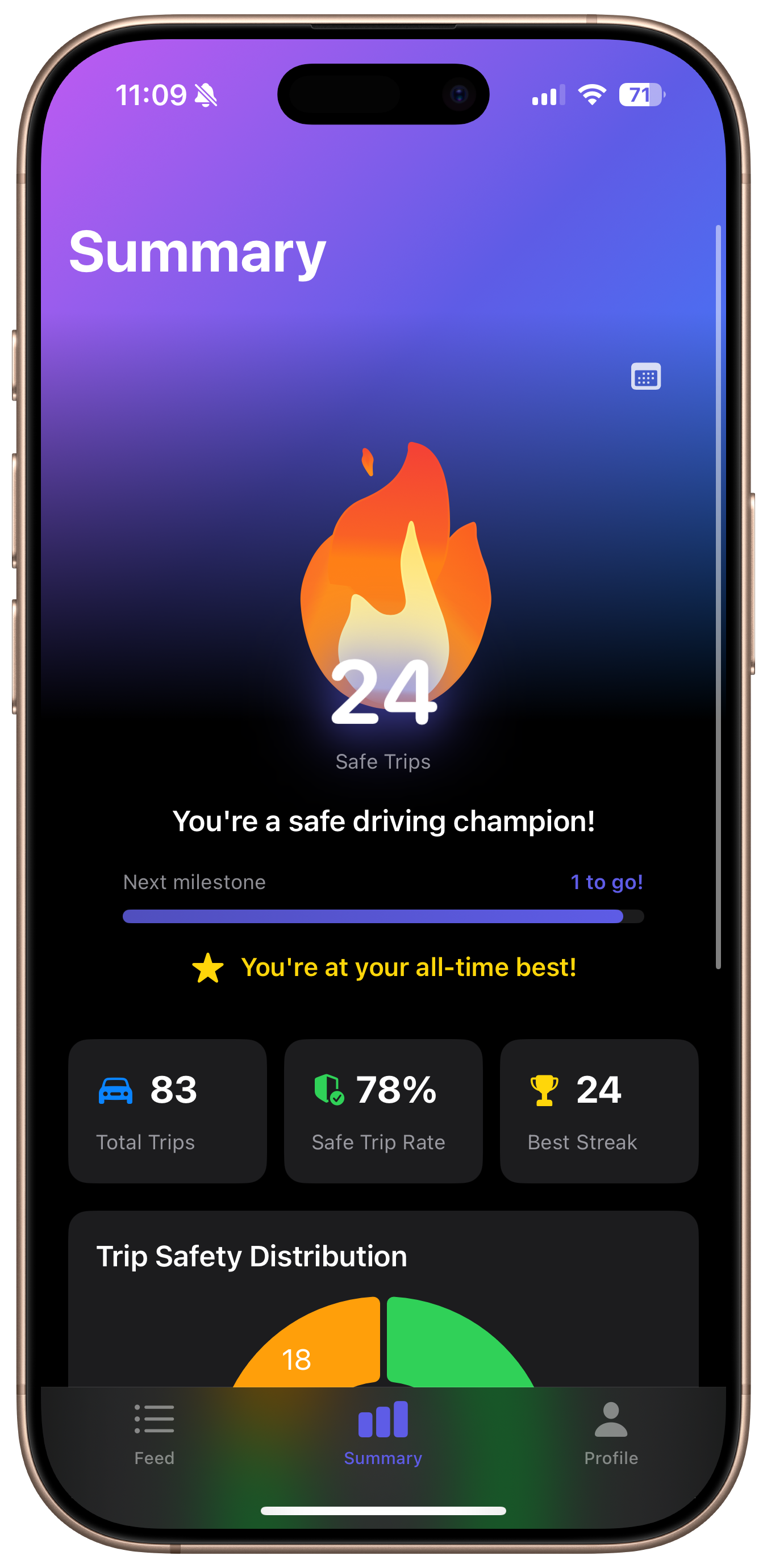 DriveZen progress tracking showing statistics and achievements